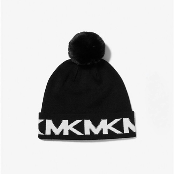 Michael Kors Logo Intarsia Knit Beanie & Scarf Set NWT Black White Pom NWT Gift main image 4